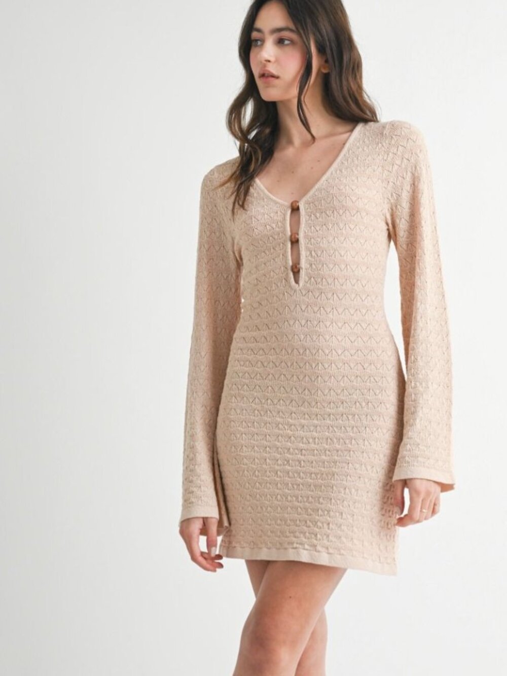 NWT Warm Beige Knit Sheer Beach Coverup Summer Mini Dress Beaded Cutout